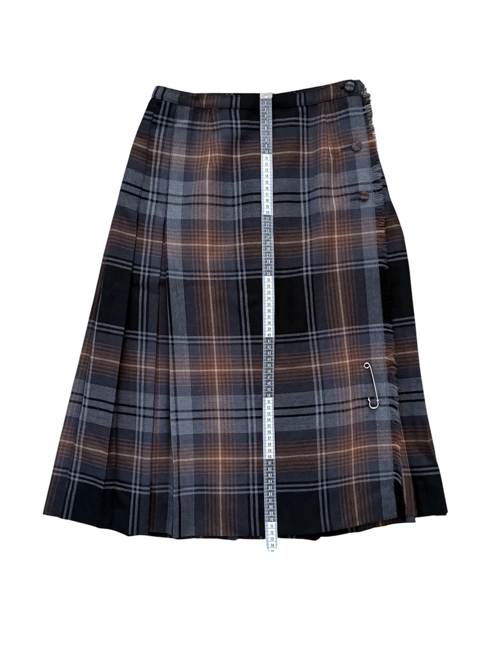 Vintage Tartan Plaid Wool Wrap Midi Kilt Skirt Canada Button Neutral Fits Size 6 - Picture 6 of 14